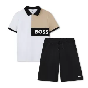 Black Beige Polo Textile Shorts Set