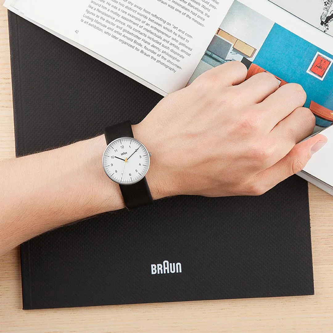 BN0021 Braun gents classic watch - white dial and black leather strap