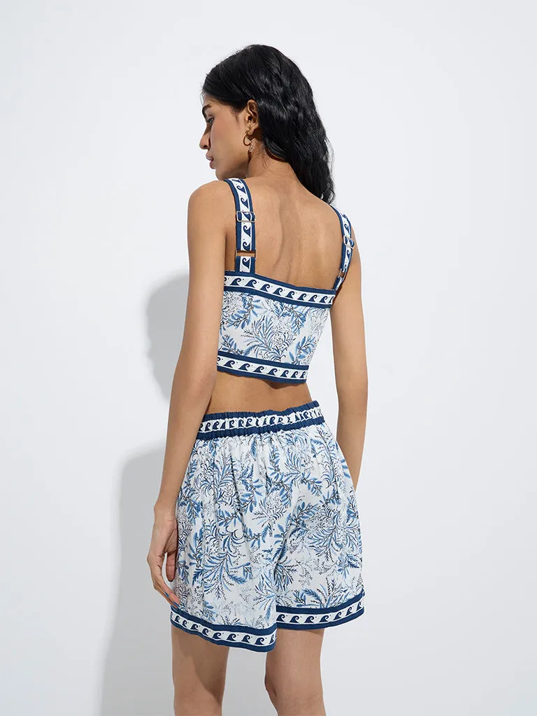 Bombay Paisley Blue Botanical Printed Cotton-Blend Top