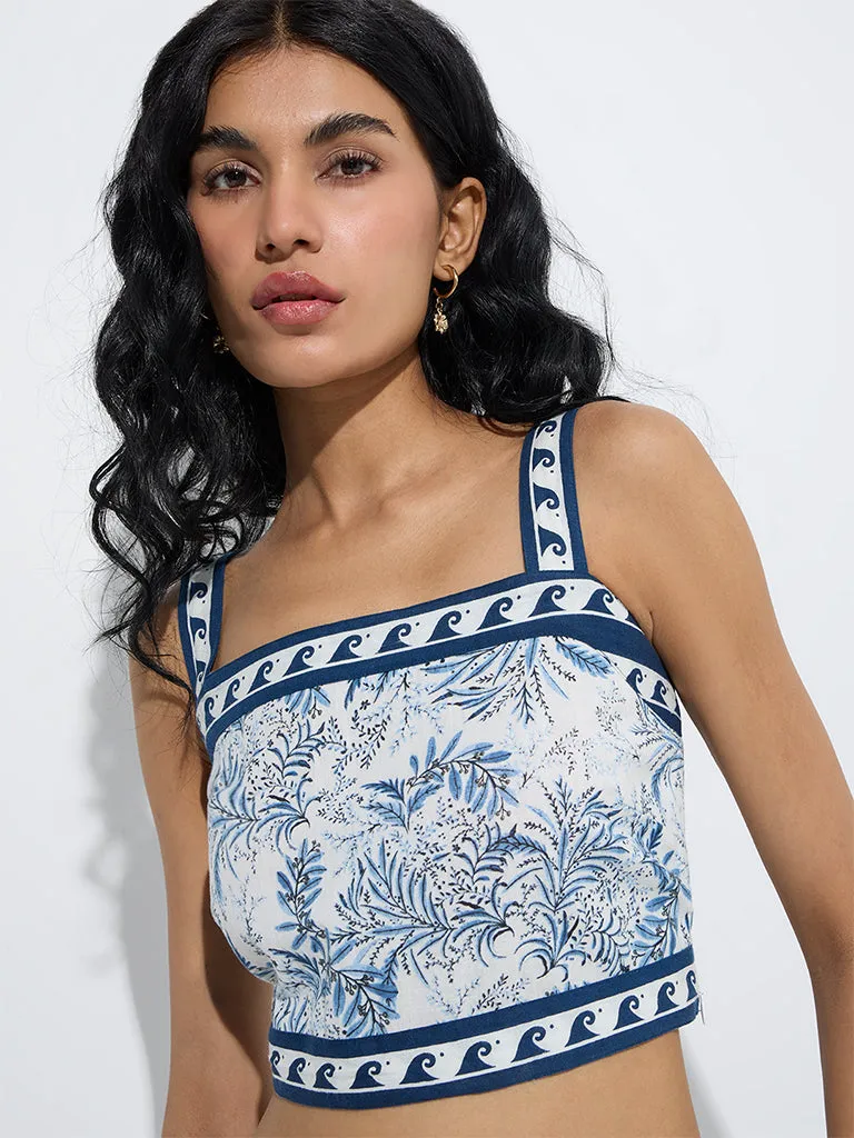 Bombay Paisley Blue Botanical Printed Cotton-Blend Top