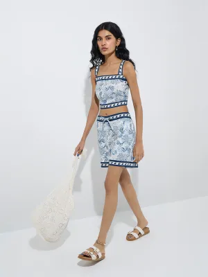 Bombay Paisley Blue Botanical Printed Cotton-Blend Top