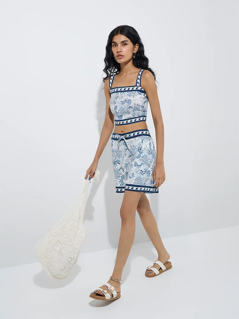 Bombay Paisley Blue Botanical Printed Cotton-Blend Top