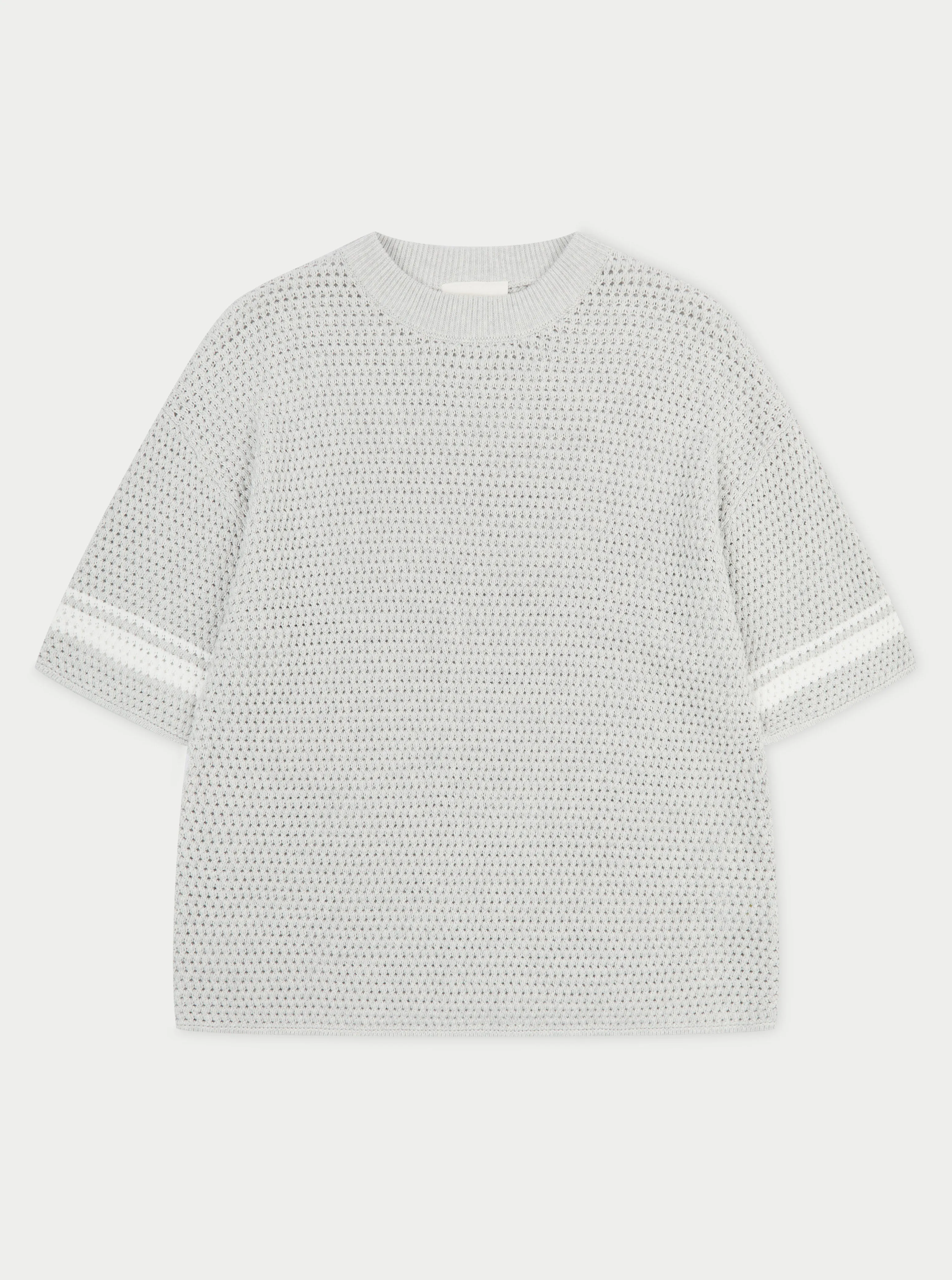 CROCHET KNITTED CONTRAST STRIPE T-SHIRT - GREY