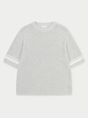 CROCHET KNITTED CONTRAST STRIPE T-SHIRT - GREY