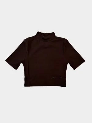Crop Top Marrone A Lupetto In Bielastico A Mezza Manica