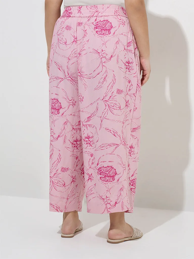 Diza Pink Floral Design Mid-Rise Palazzos