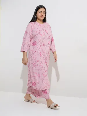 Diza Pink Floral Design Mid-Rise Palazzos