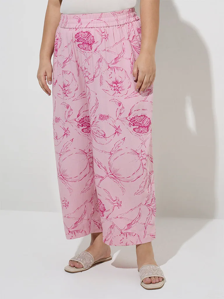 Diza Pink Floral Design Mid-Rise Palazzos