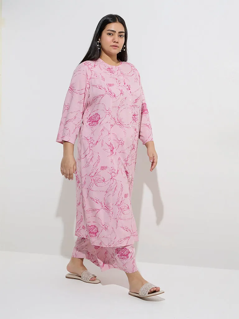 Diza Pink Floral Design Mid-Rise Palazzos