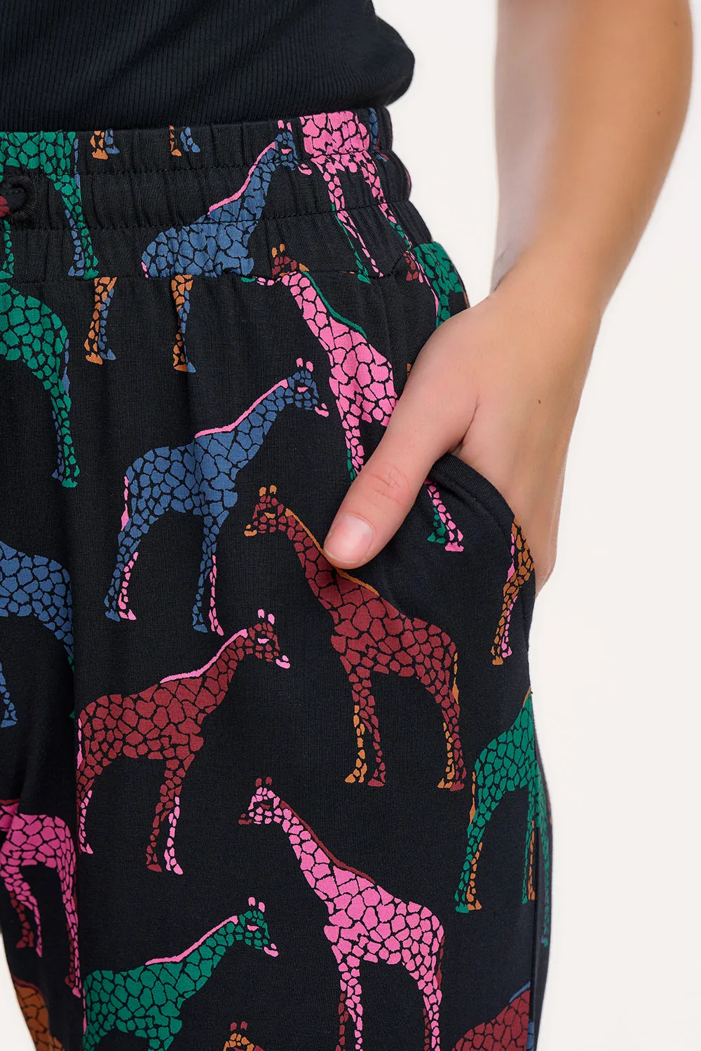 Donna Jersey Joggers - Black. Giraffe Spots
