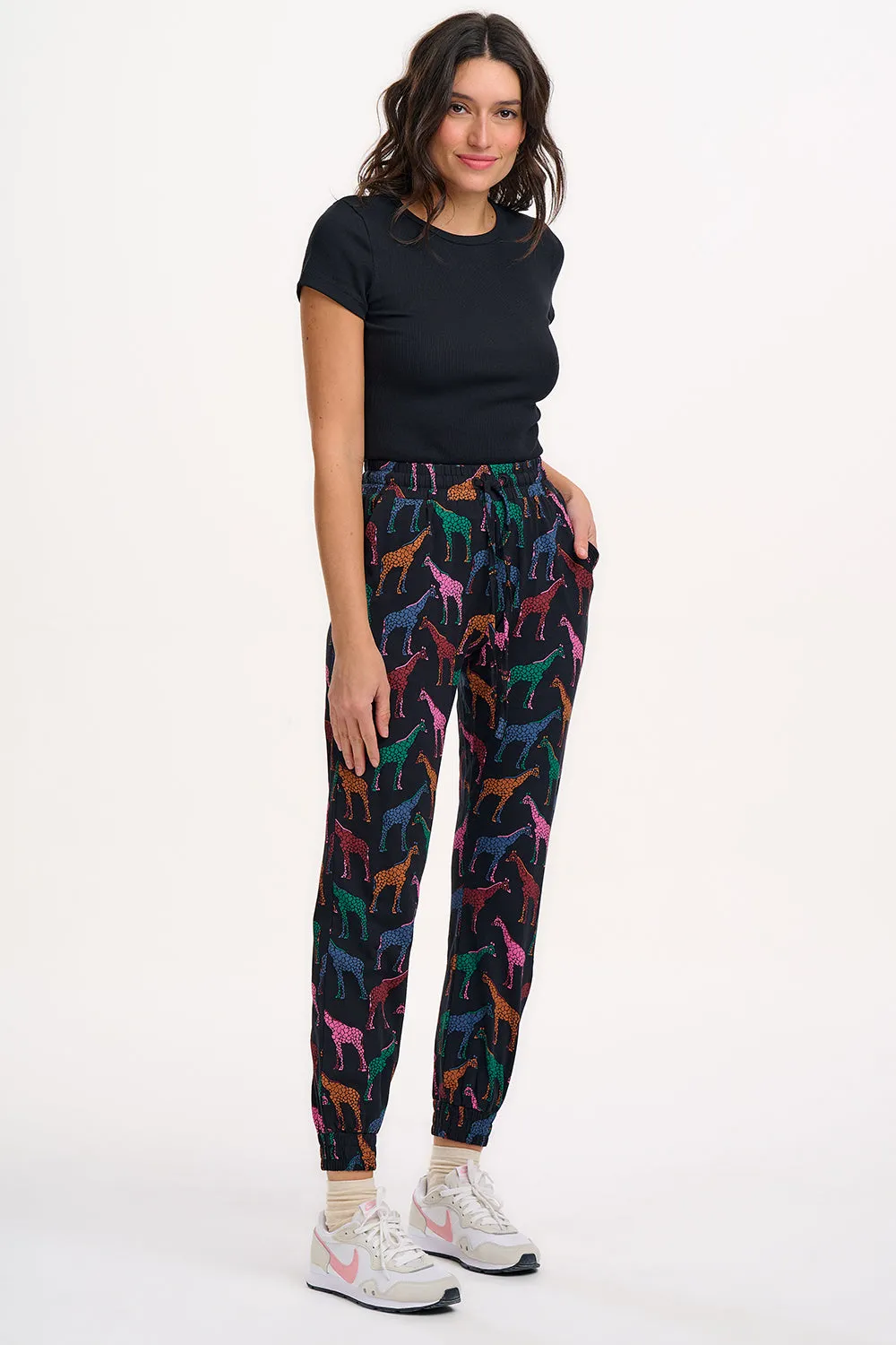 Donna Jersey Joggers - Black. Giraffe Spots