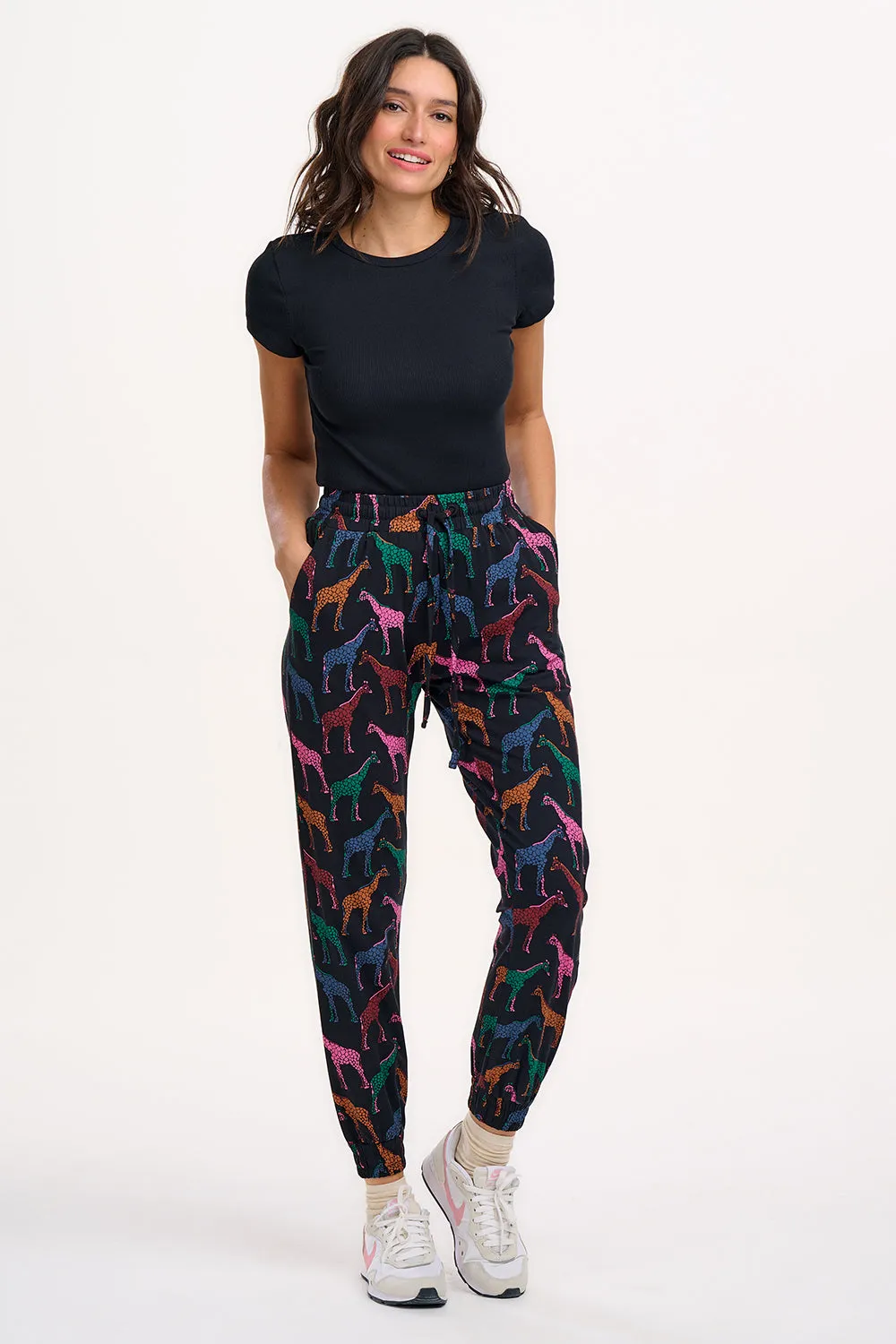 Donna Jersey Joggers - Black. Giraffe Spots
