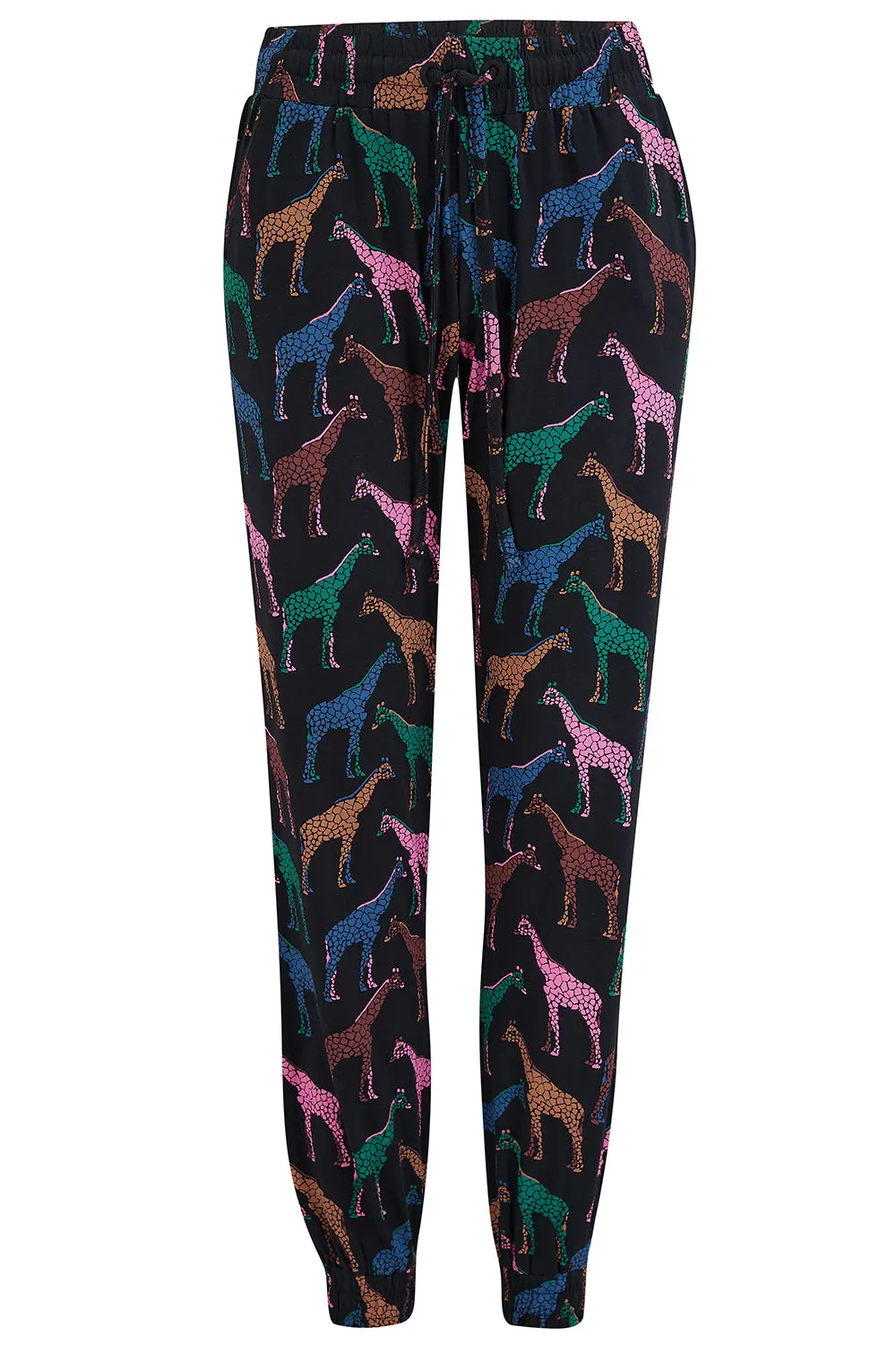 Donna Jersey Joggers - Black. Giraffe Spots