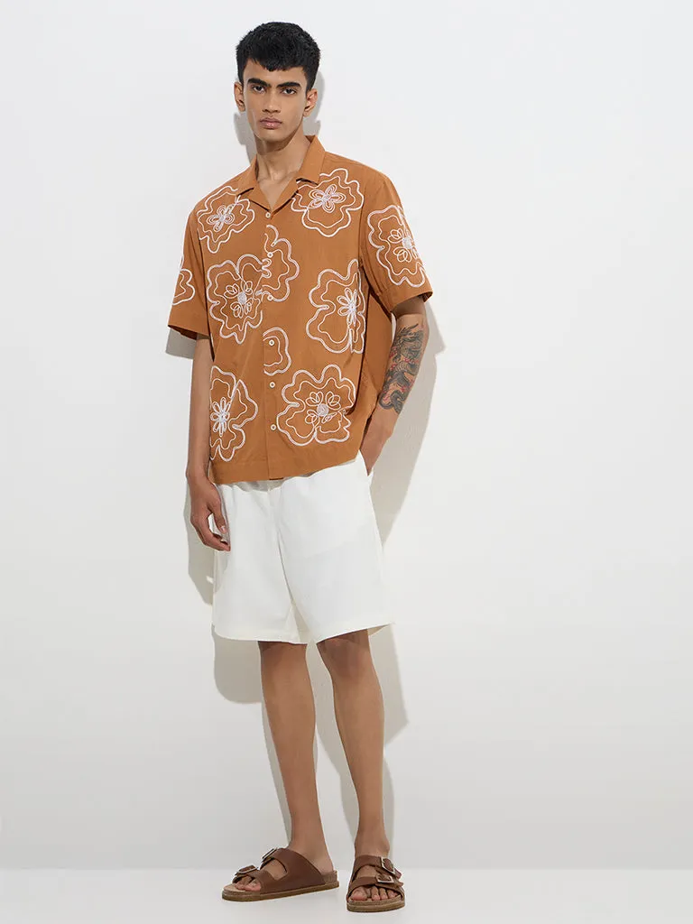 ETA Dark Orange Floral Relaxed-Fit Cotton-Blend Shirt