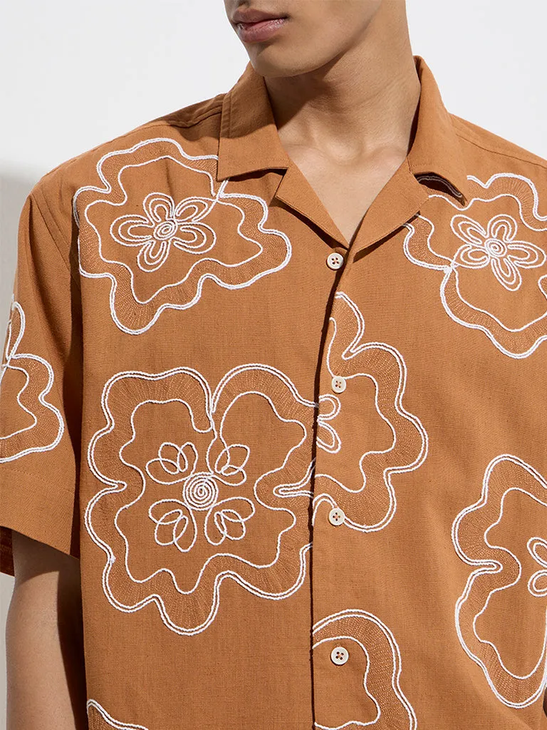 ETA Dark Orange Floral Relaxed-Fit Cotton-Blend Shirt
