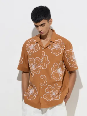 ETA Dark Orange Floral Relaxed-Fit Cotton-Blend Shirt