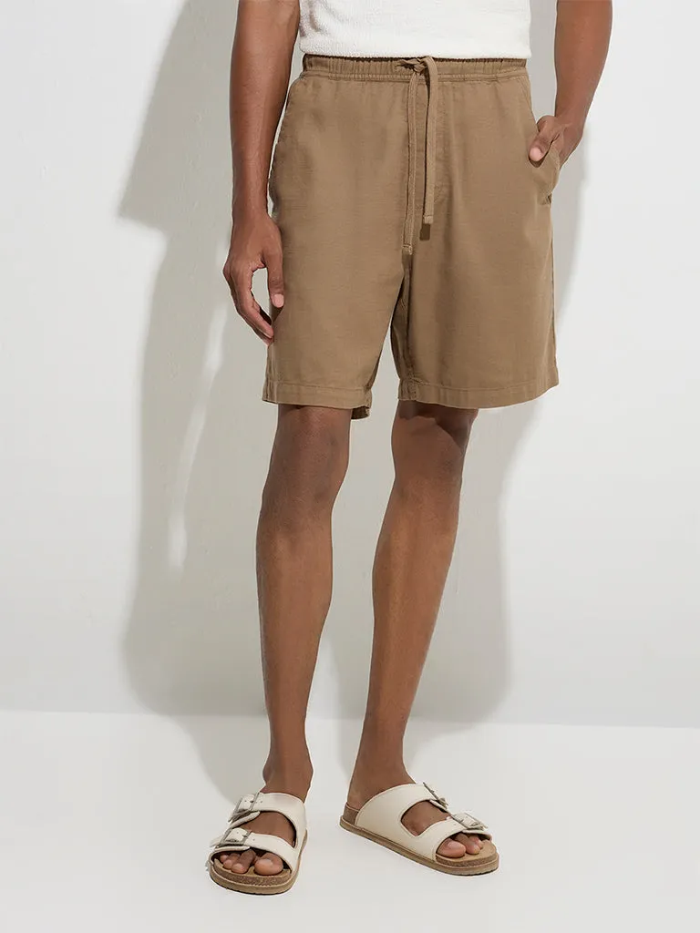 ETA Taupe Solid Relaxed-Fit Mid-Rise Cotton-Blend Shorts