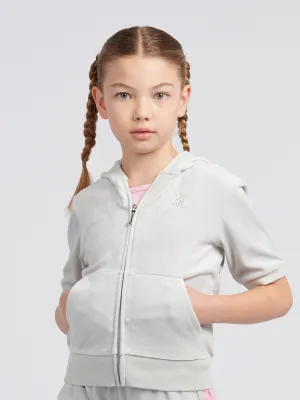 Girls Diamante Logo Zip Up Hoodie in Grey