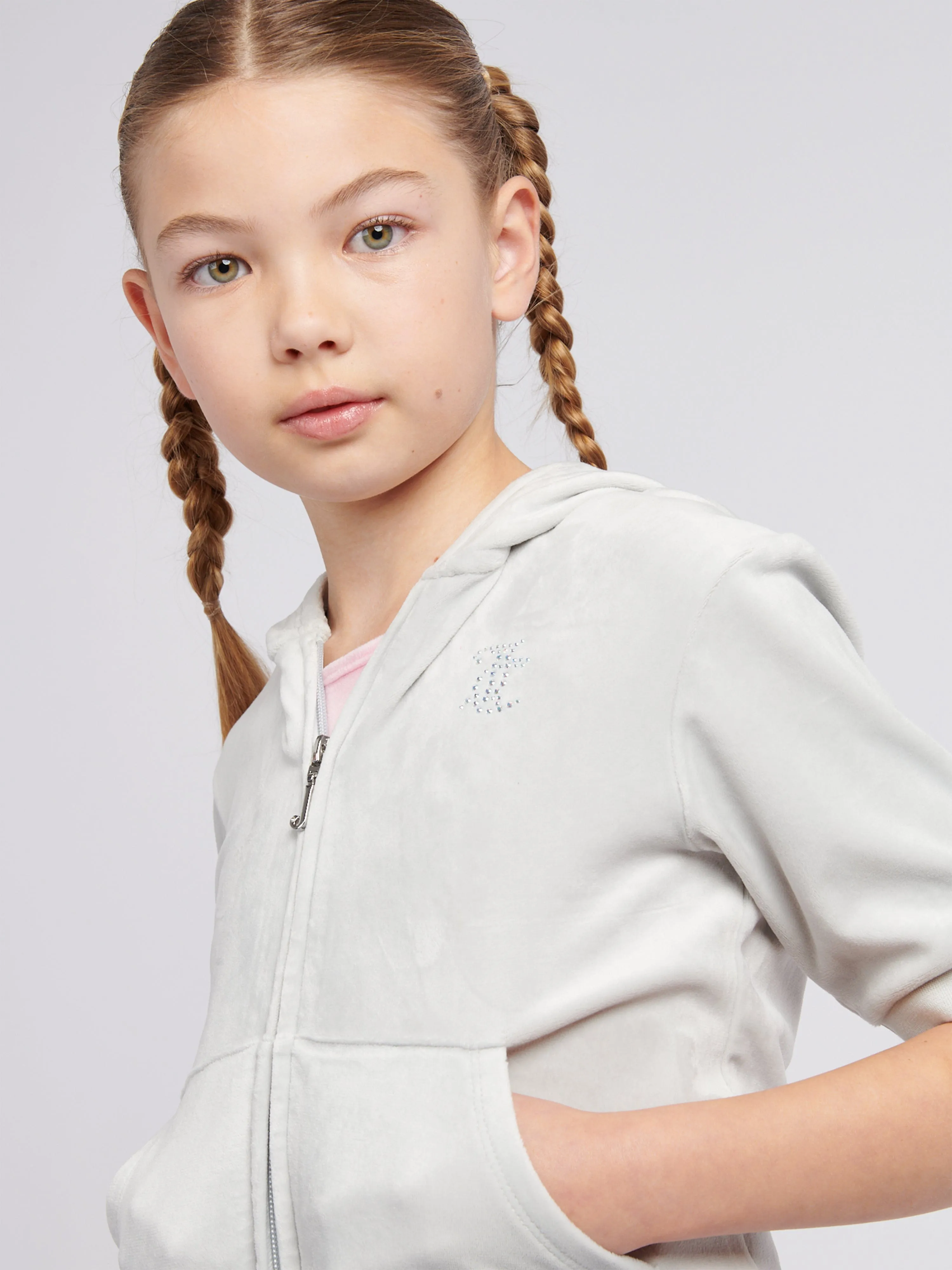Girls Diamante Logo Zip Up Hoodie in Grey
