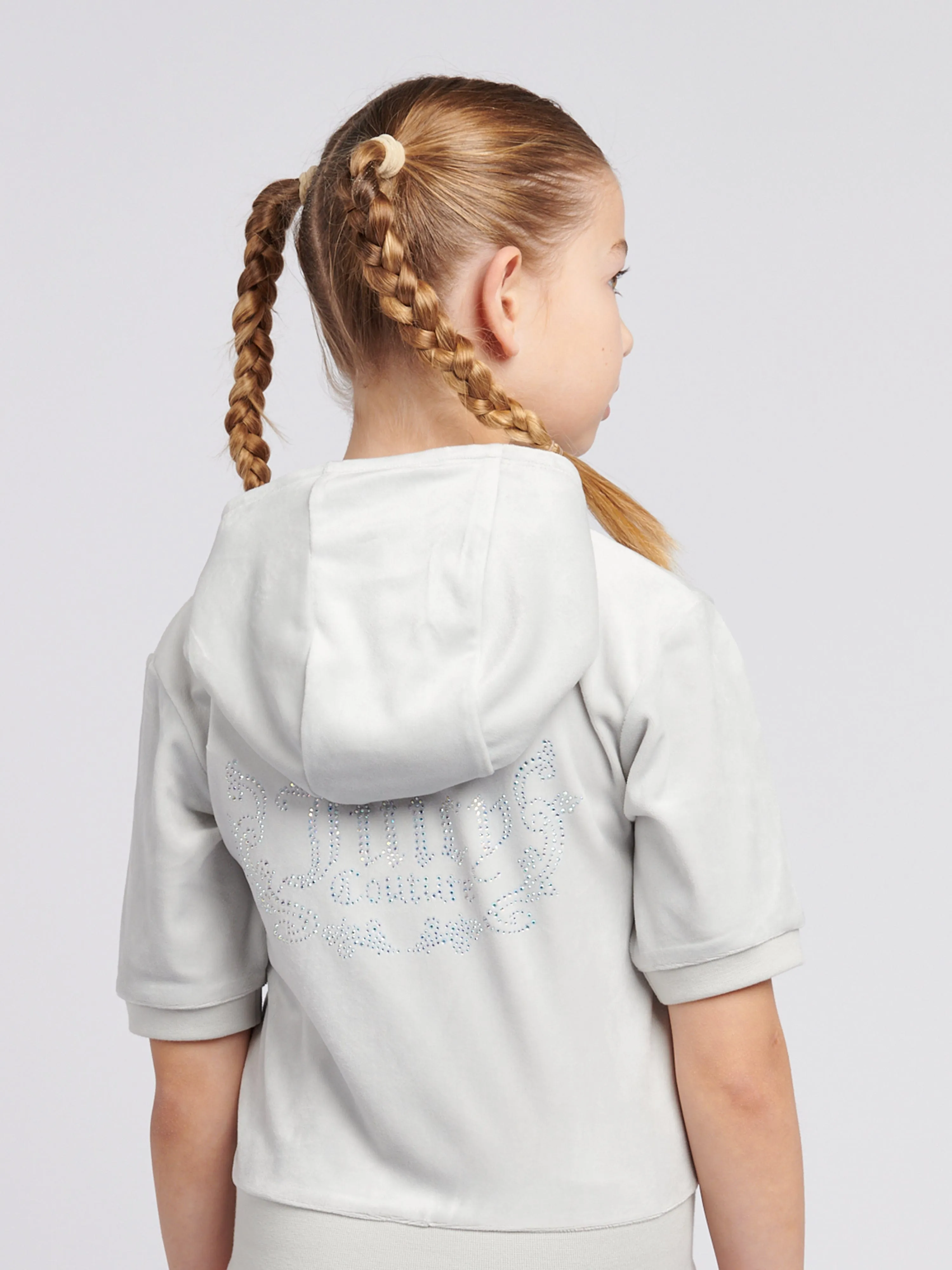 Girls Diamante Logo Zip Up Hoodie in Grey