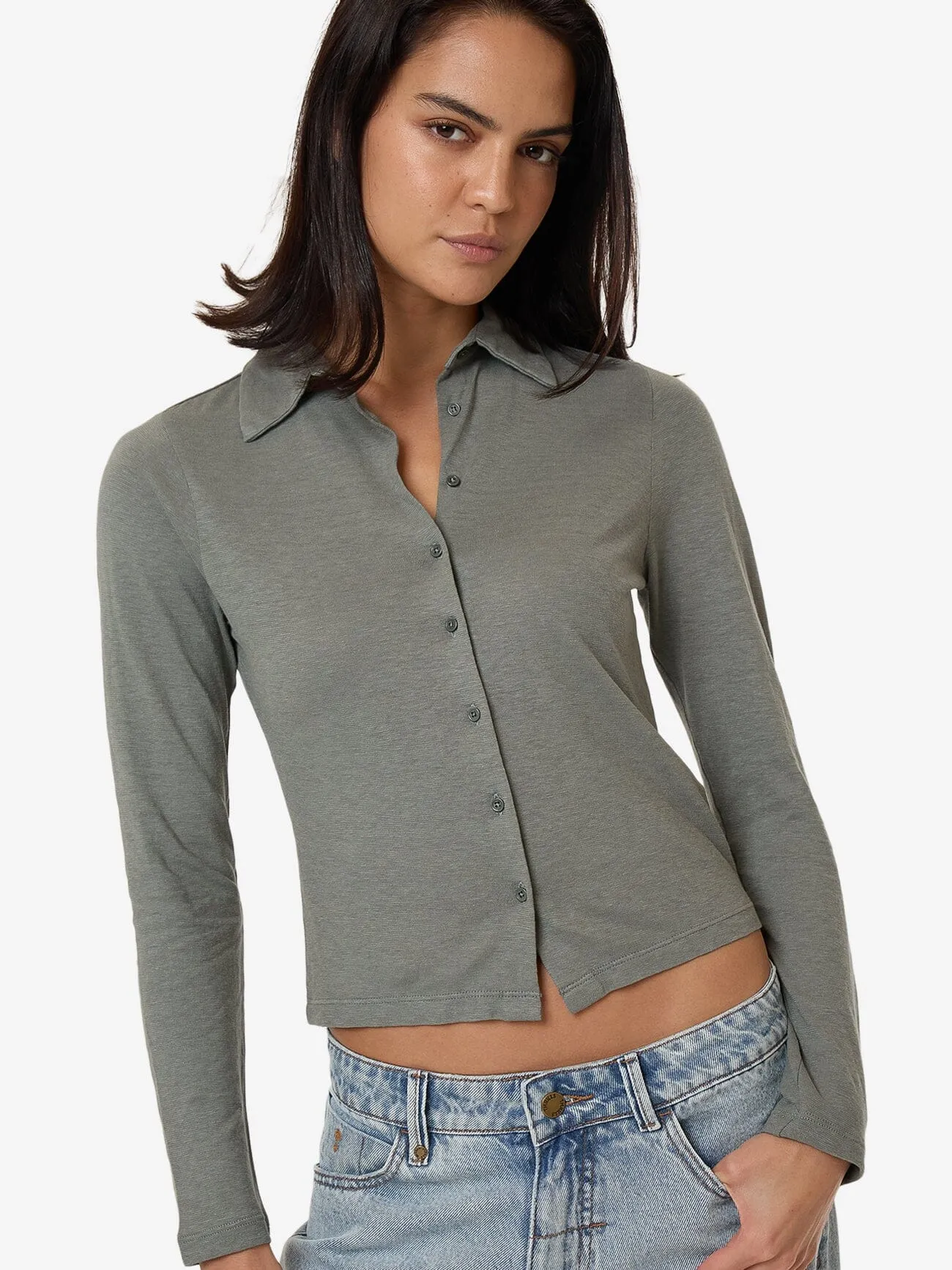 Hemp Collared Long Sleeve - Green Smoke