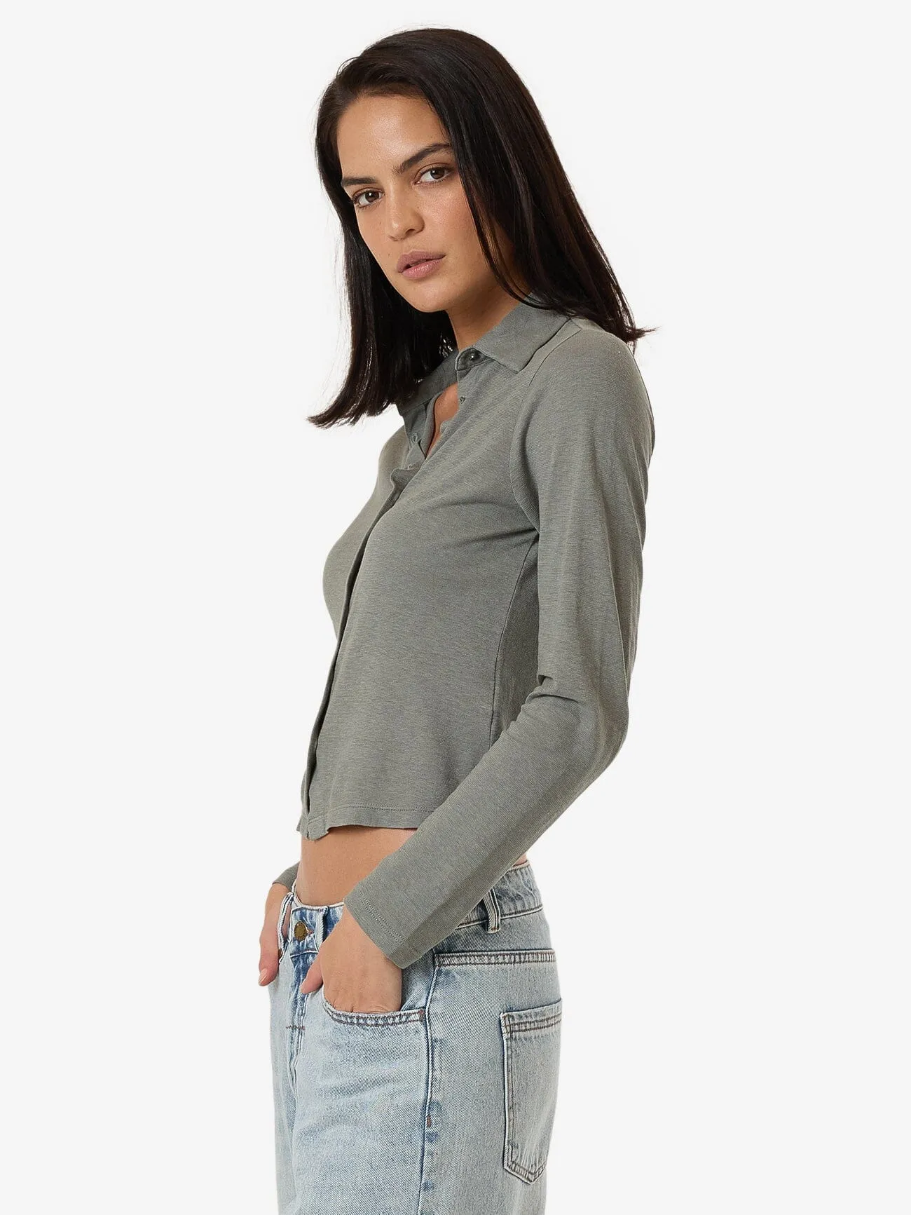 Hemp Collared Long Sleeve - Green Smoke
