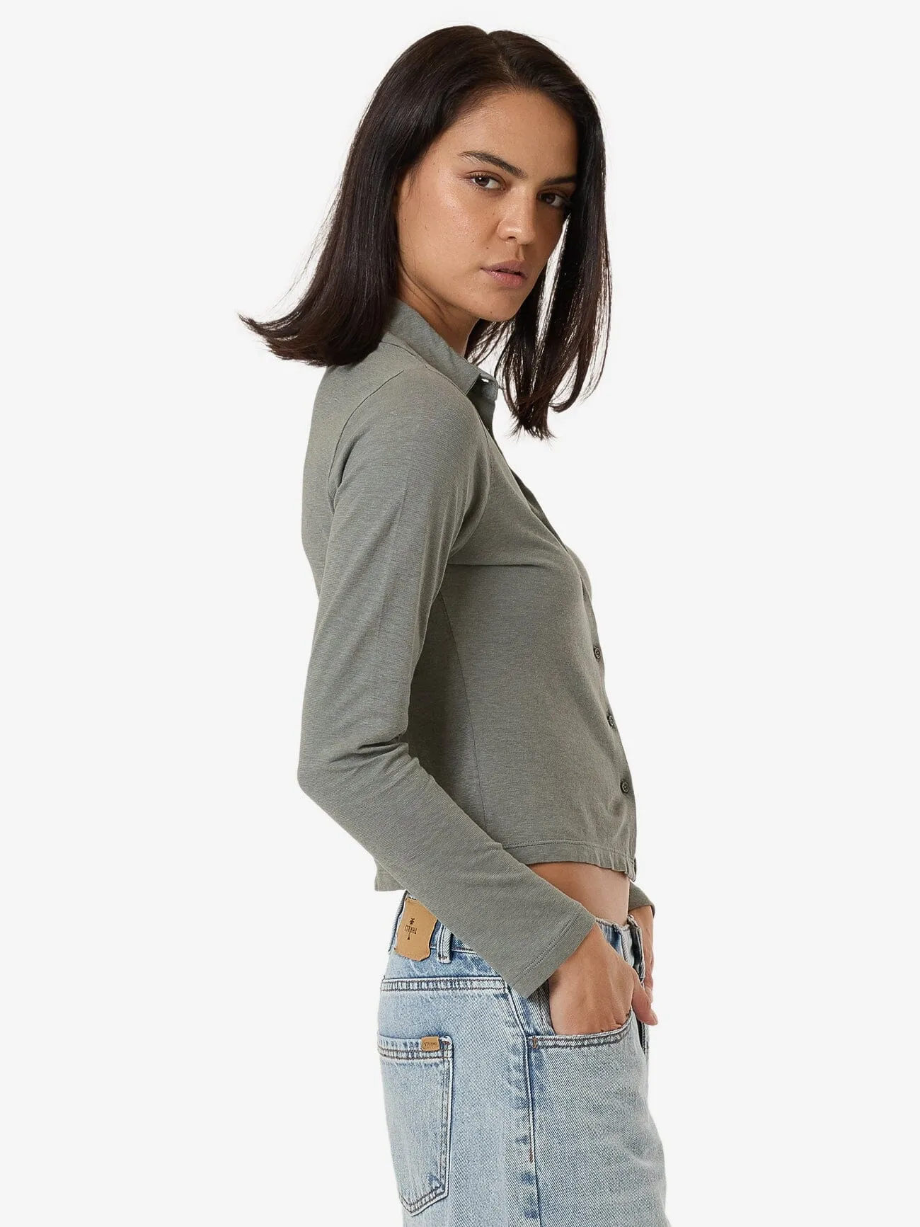Hemp Collared Long Sleeve - Green Smoke