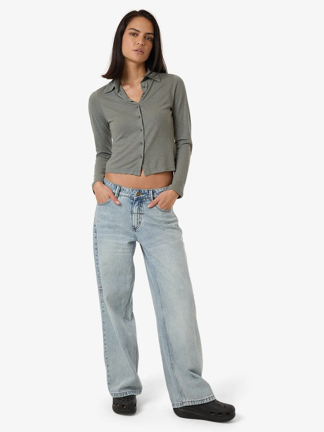 Hemp Collared Long Sleeve - Green Smoke