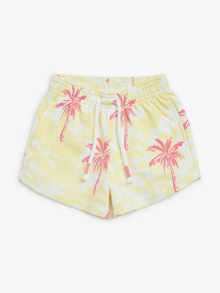 HOP Kids Light Yellow Tropical Print Mid-Rise Cotton Shorts