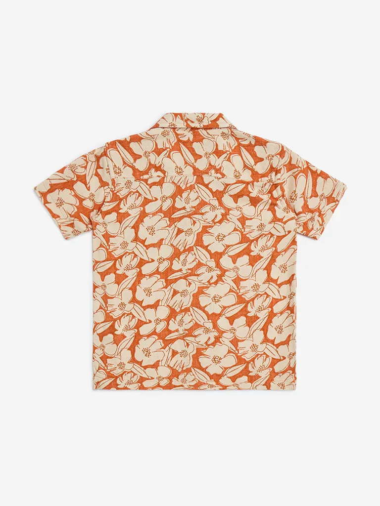 HOP Kids Orange Floral Printed Cotton Shirt