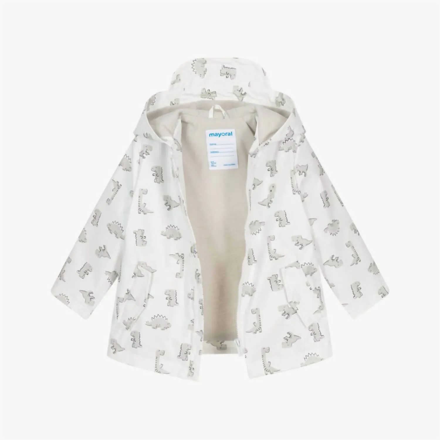 Kids Boys Dino Rain Coat In White & Grey
