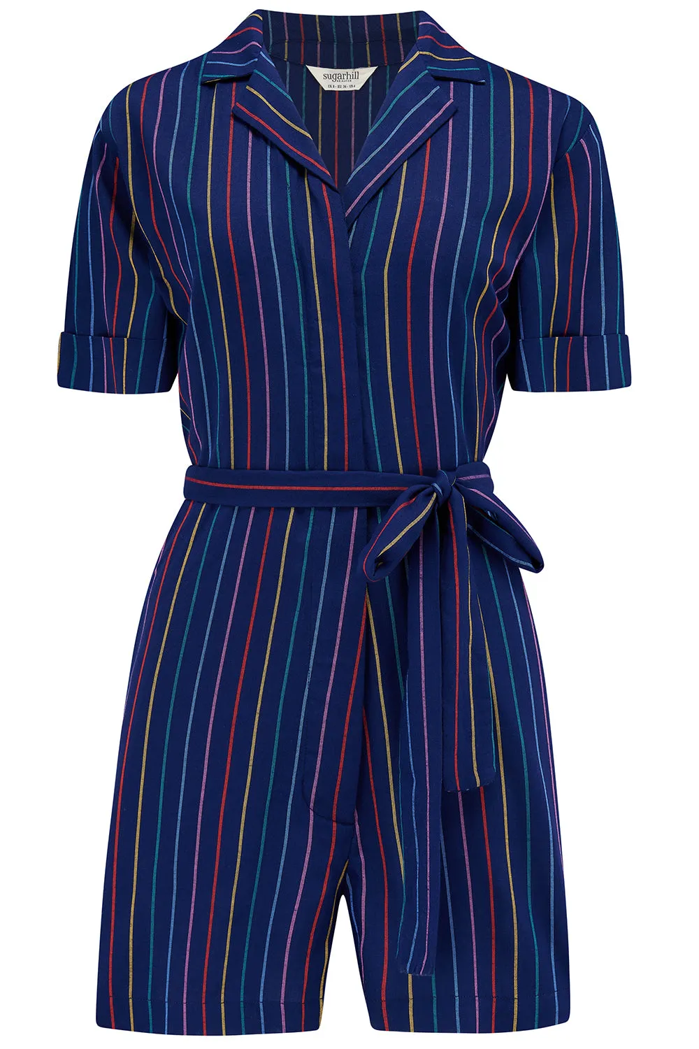 Kiki Playsuit - Navy. Thin Rainbow Stripe