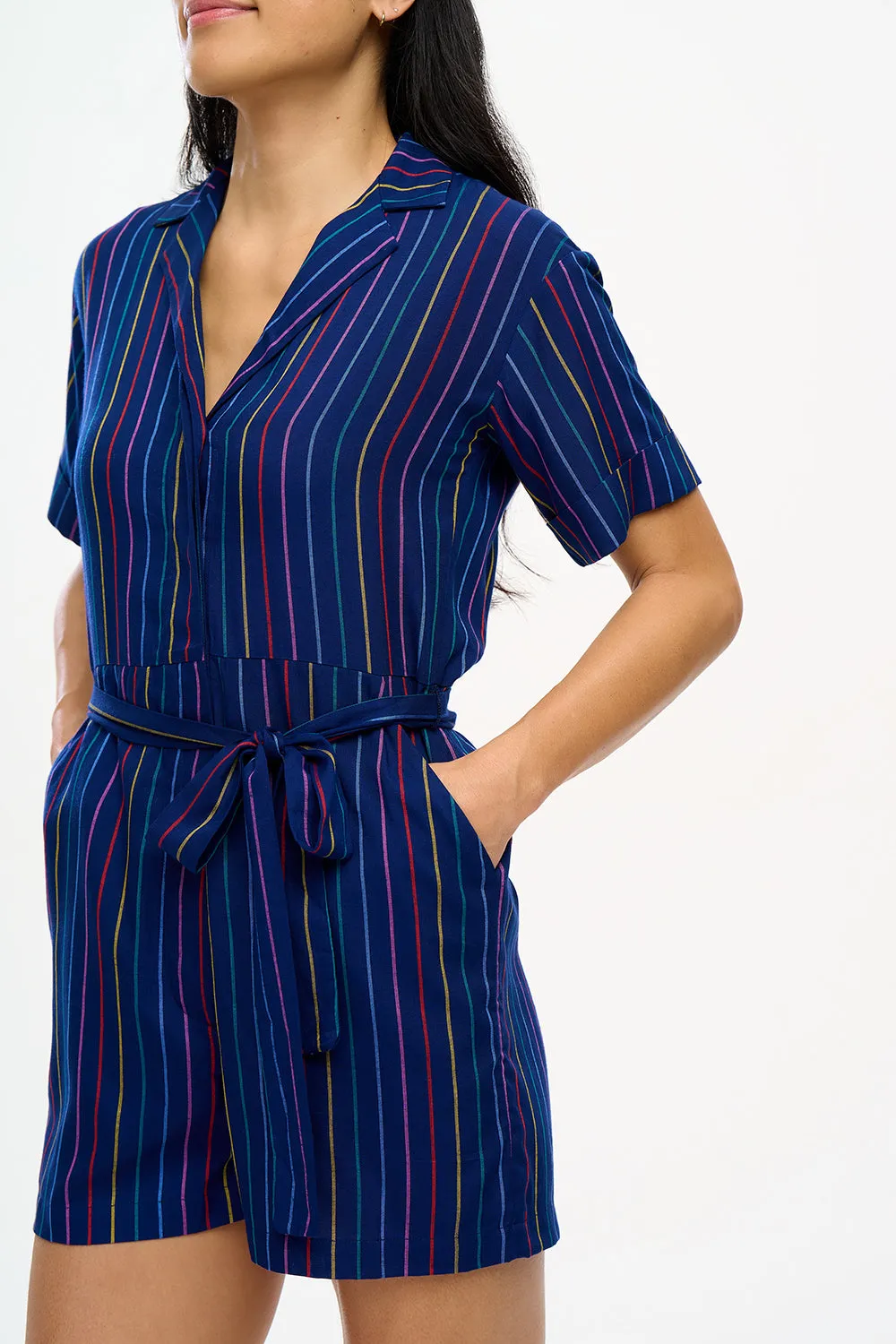 Kiki Playsuit - Navy. Thin Rainbow Stripe