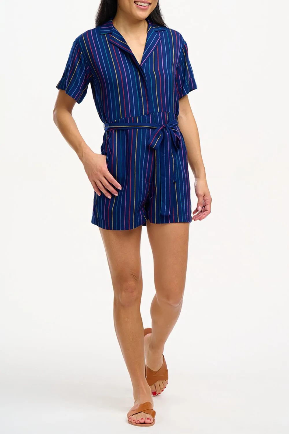 Kiki Playsuit - Navy. Thin Rainbow Stripe