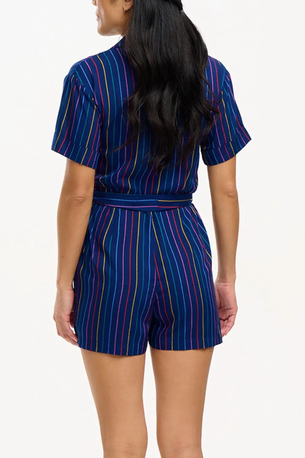 Kiki Playsuit - Navy. Thin Rainbow Stripe