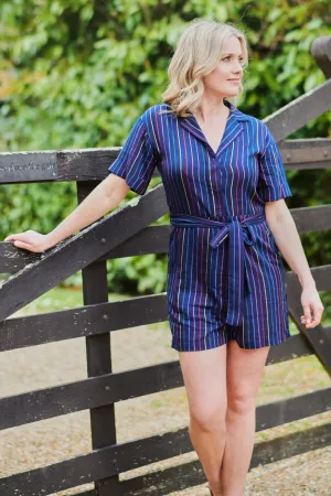 Kiki Playsuit - Navy. Thin Rainbow Stripe
