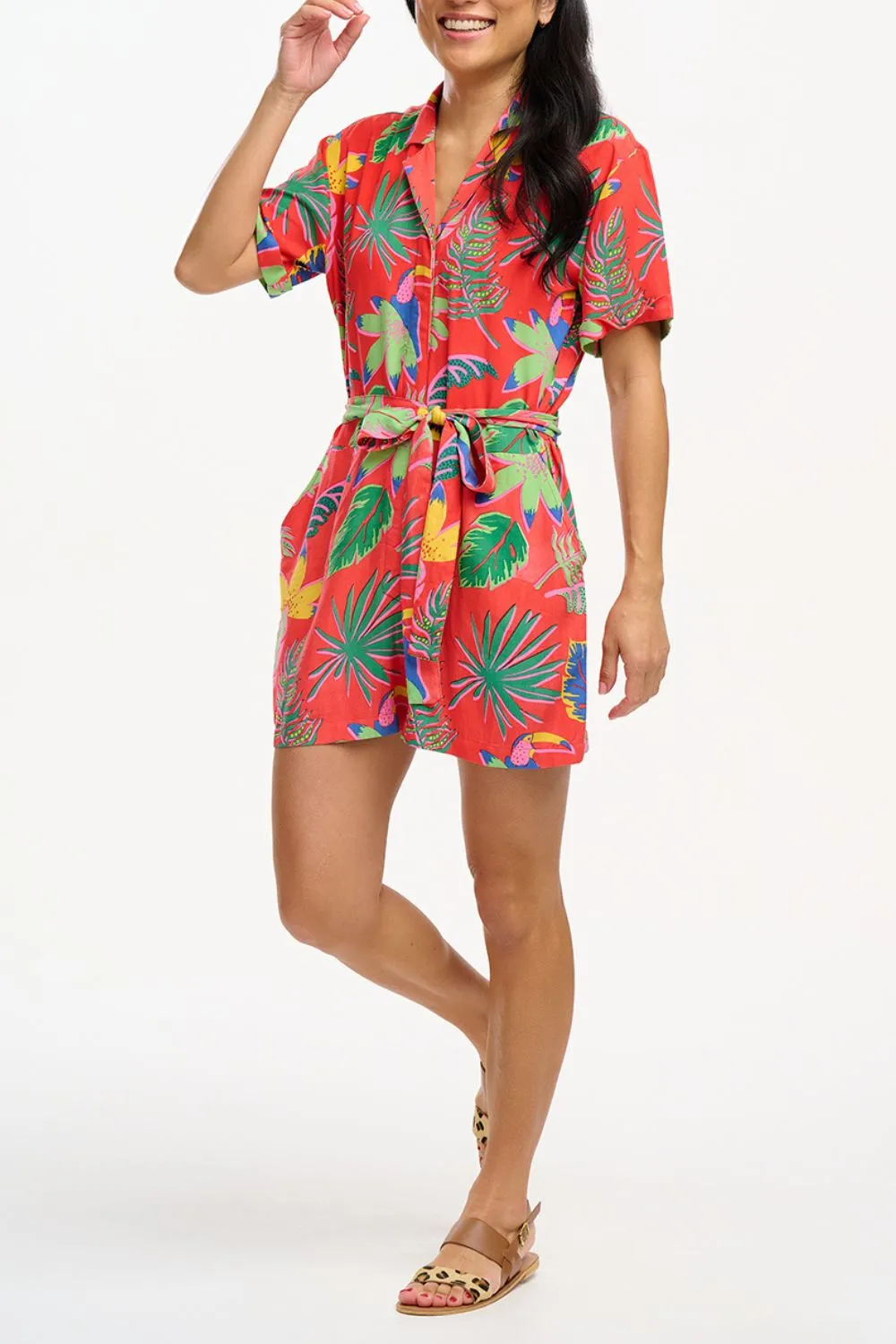 Kiki Playsuit - Red. Tropical Toucans