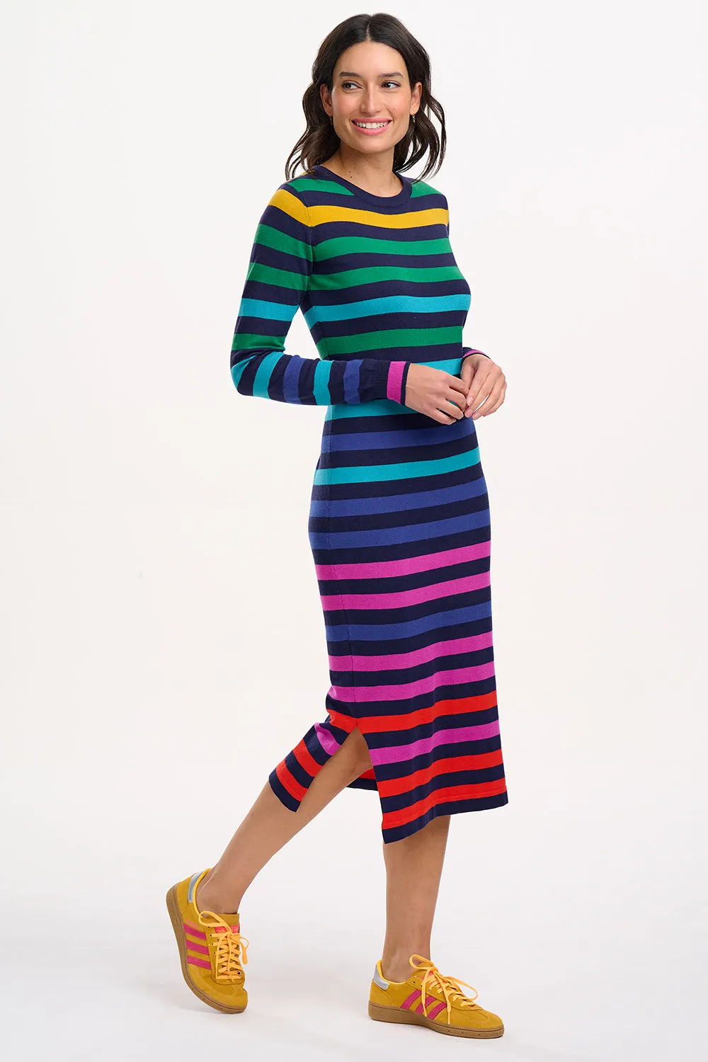 Liselle Midi Knit Dress - Multi. Staggered Rainbow