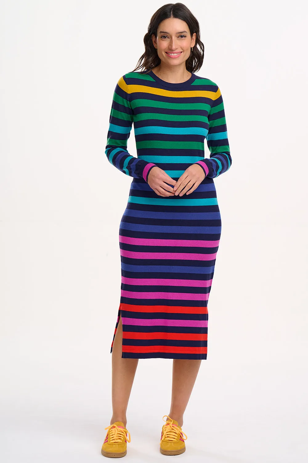 Liselle Midi Knit Dress - Multi. Staggered Rainbow