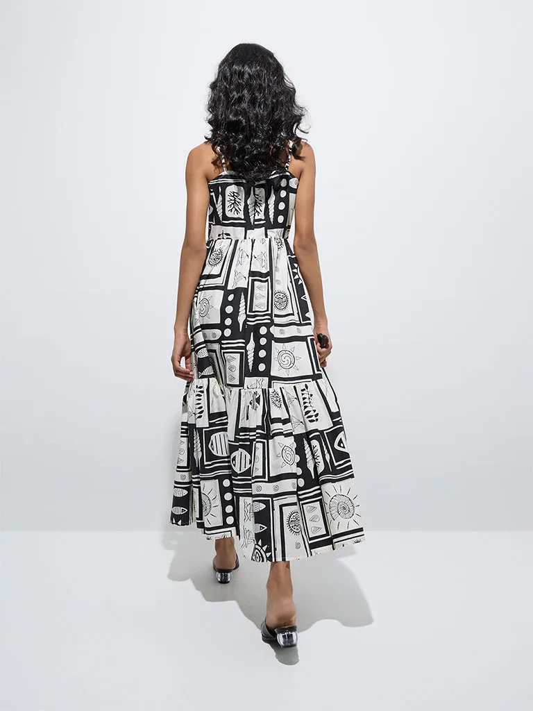 LOV Black Printed Tiered Cotton Dress