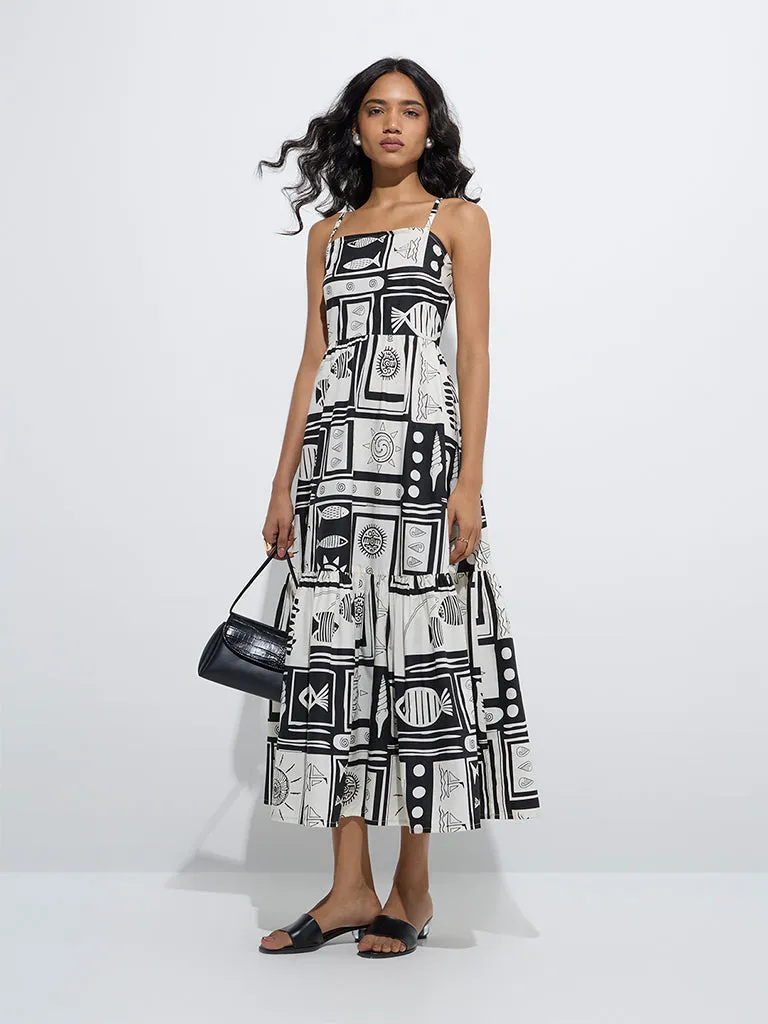 LOV Black Printed Tiered Cotton Dress