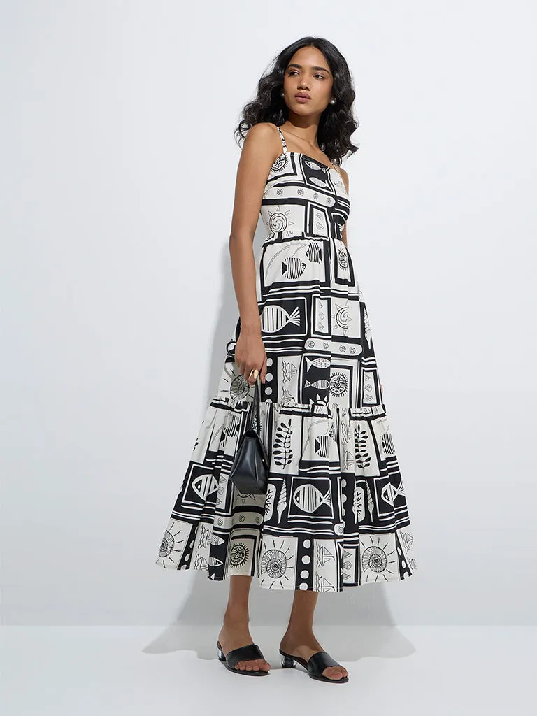 LOV Black Printed Tiered Cotton Dress