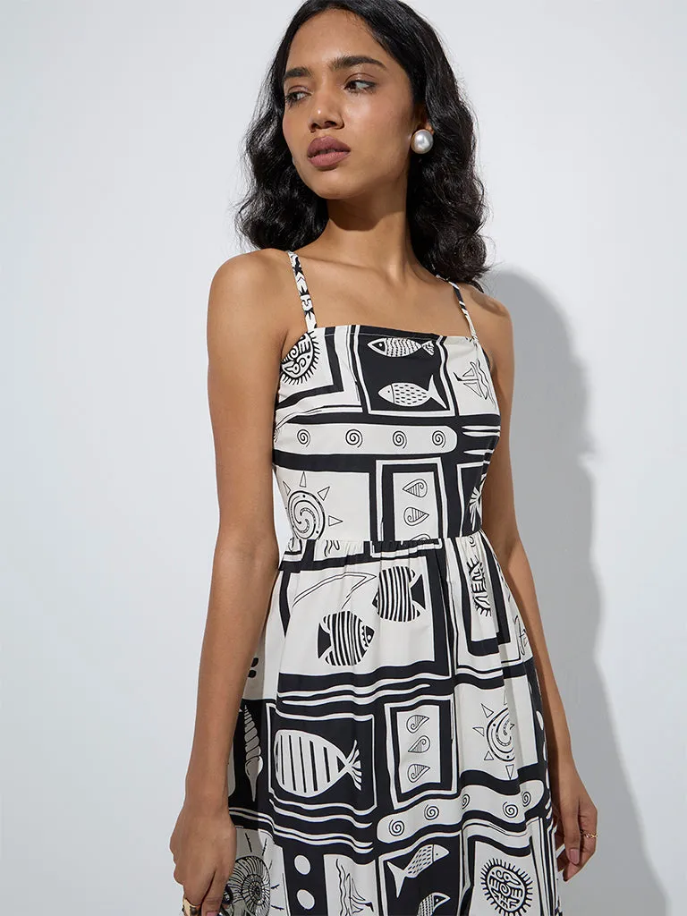 LOV Black Printed Tiered Cotton Dress