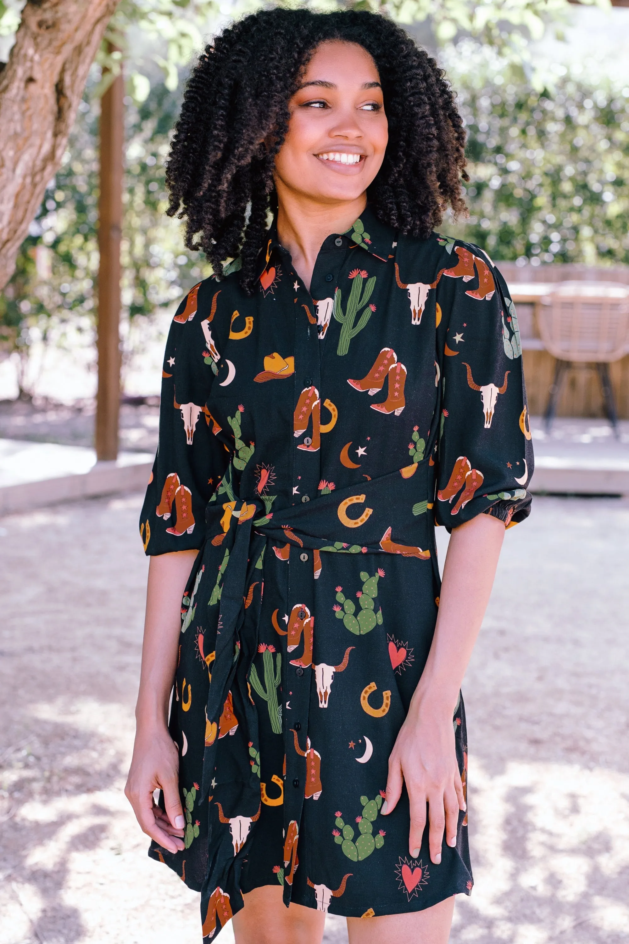 Mildred Mini Shirt Dress - Black. Cowgirl Print