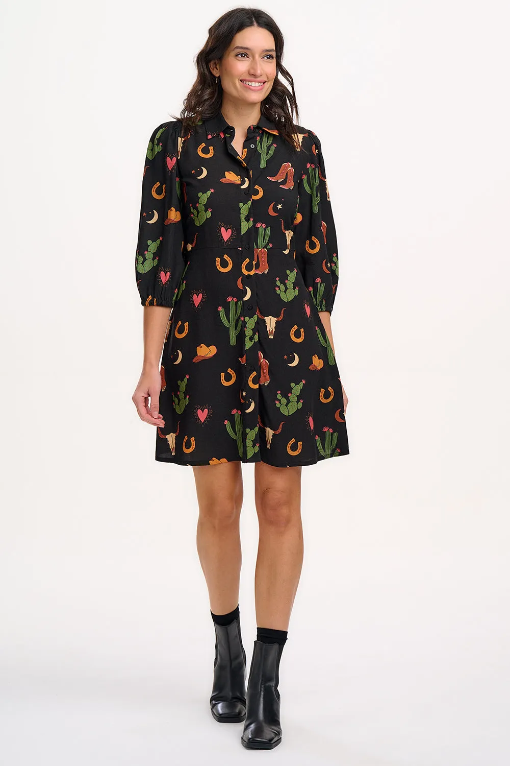 Mildred Mini Shirt Dress - Black. Cowgirl Print
