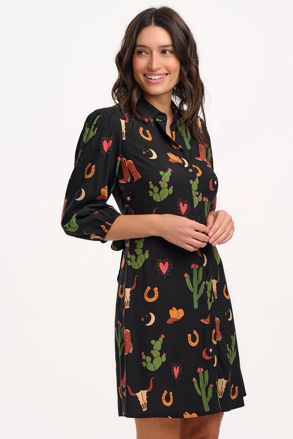 Mildred Mini Shirt Dress - Black. Cowgirl Print