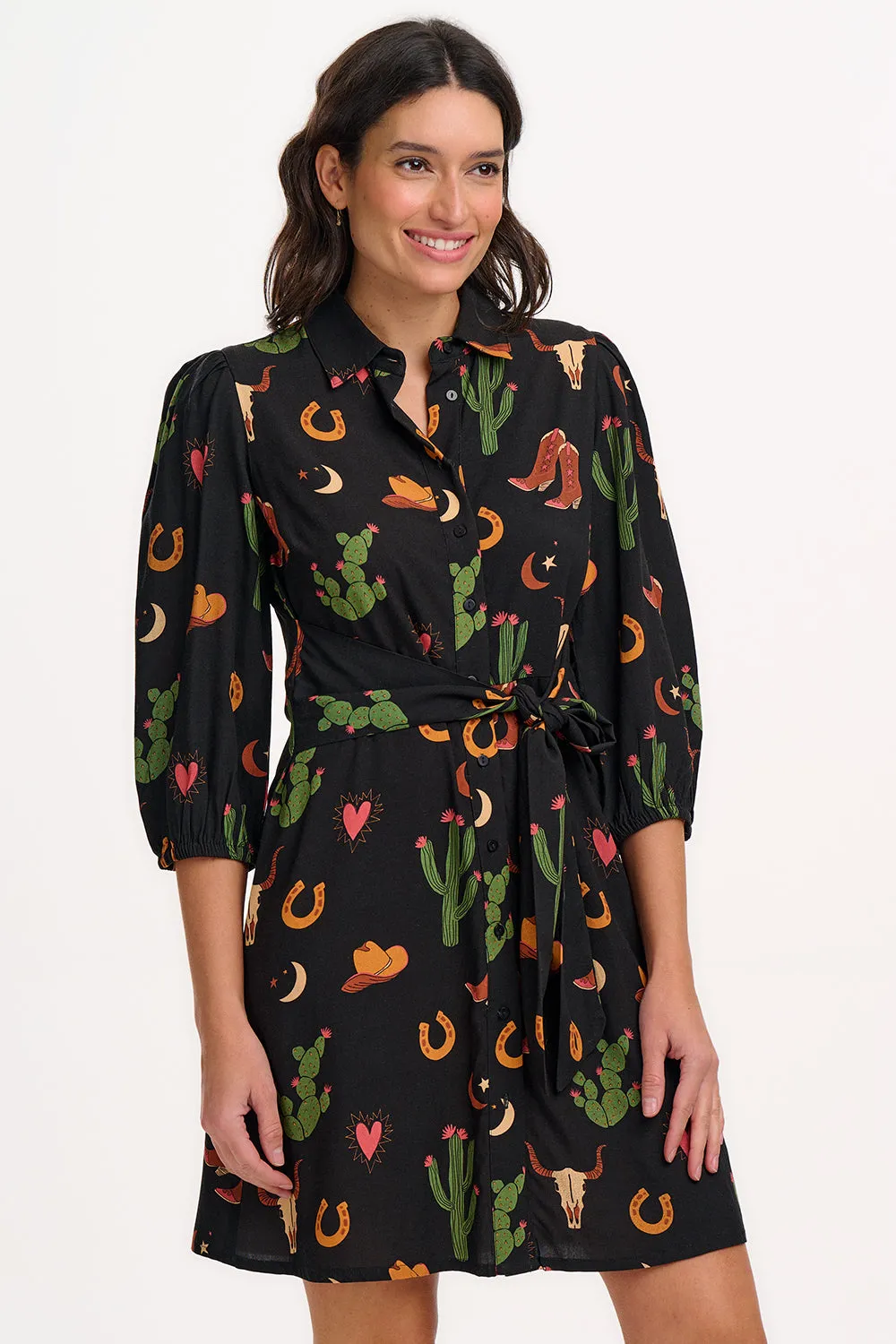 Mildred Mini Shirt Dress - Black. Cowgirl Print