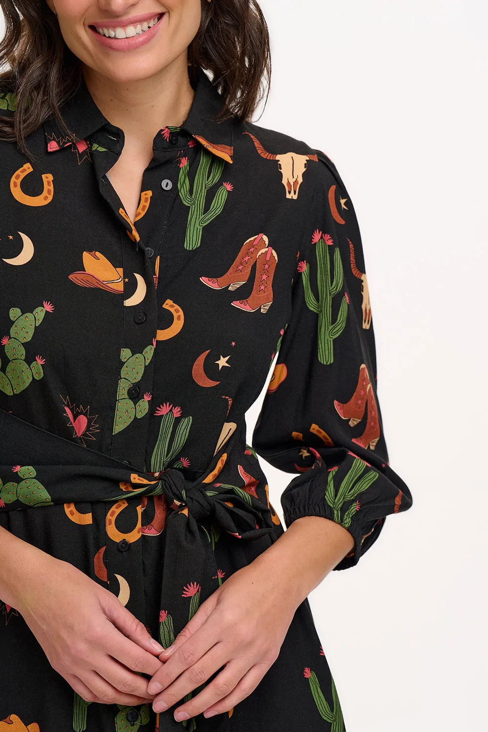 Mildred Mini Shirt Dress - Black. Cowgirl Print