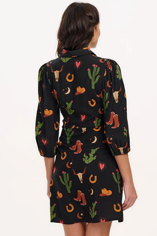 Mildred Mini Shirt Dress - Black. Cowgirl Print