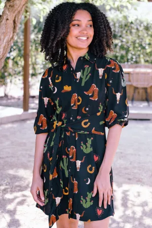 Mildred Mini Shirt Dress - Black. Cowgirl Print
